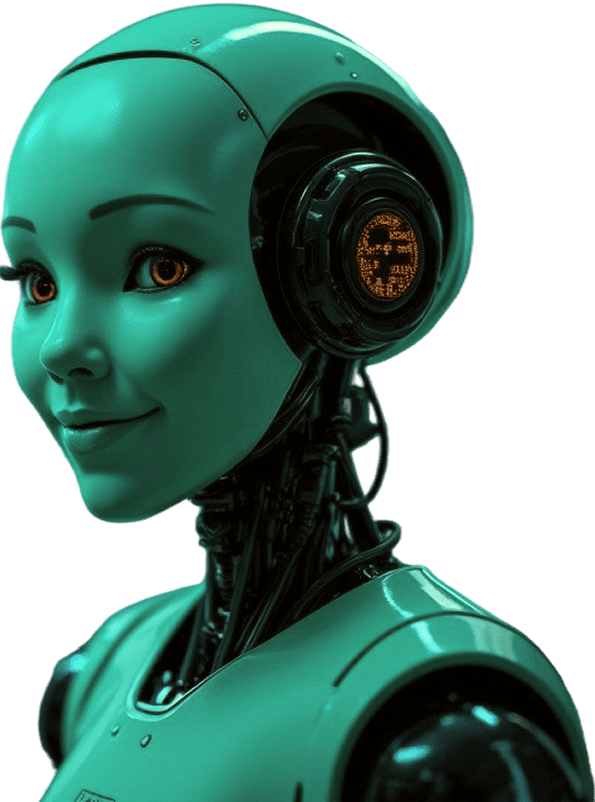 Futuristický robot s tyrkysovým exteriérem a zářícíma očima, prezentující pokročilou technologii a přátelský výraz.